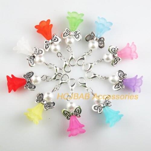 10 New Angel 18x31mm Charms Mixed Flower Acrylic Tibetan Silver Plated Retro With Lobster Claw Clasps