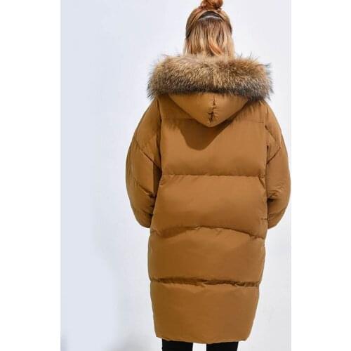 White Jackets Womens Duck Down Jacket Korean Long Coat Women Big Racoon Fur Hood Loose Puffer Coats Female Parka KJ732 s