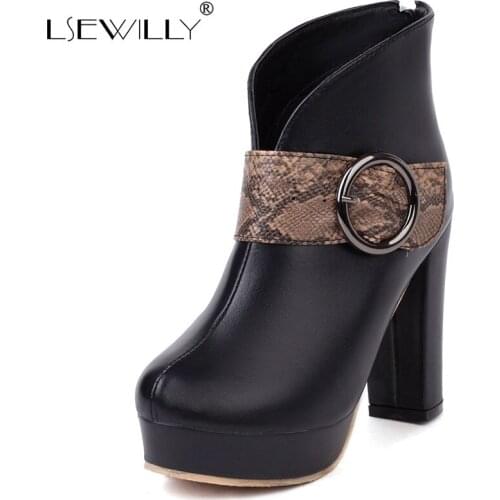 Lsewilly Snakeskin Leather Stitching Microfiber V-Mouth Thick Heel Short Boots Oversized Round Metal Buckle Female Ankle Boots