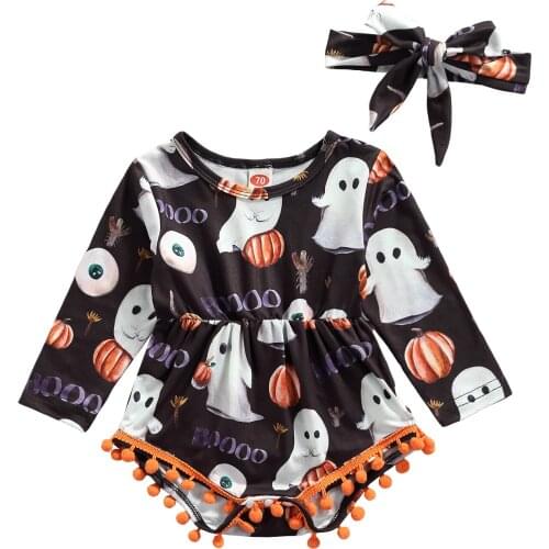 Halloween Clothes For Newborns Long Sleeve Round Collar Romper Bow Knot Headdress Halloween Print Children Clothes Girl 0-18M