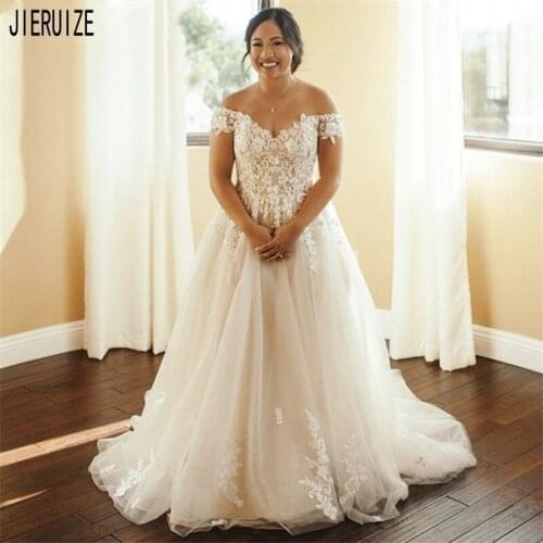 JIERUIZE Modest Beach Wedding Dresses Off The Shoulder Lace Up Back Appliques Wedding Gowns Boho Bridal Dresses vestido de noiva