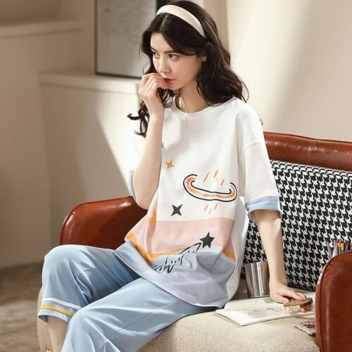 Cartoon Pajamas Set Women Sleepwear Summer Nightwear Pijama Mujer Loose Short sleeve Calf-Length Pants Night Suit Pyjamas Femme