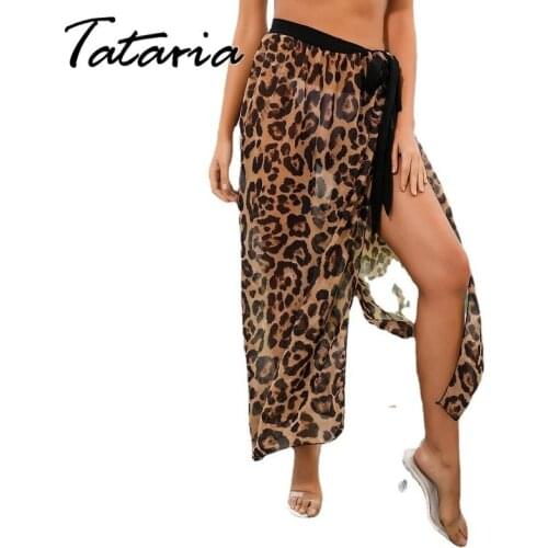 Fashion Women Leopard Print Skirts Summer Sun Protection Chiffon Skirt Lace Up Midi Sexy Tulle Skirt Femme Seaside Beach Skirt