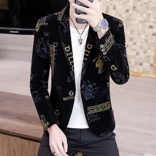 Fashion Mens Pattern Printed Korean Style Casual Blazers Jacket One Button Stylish Outwear C2