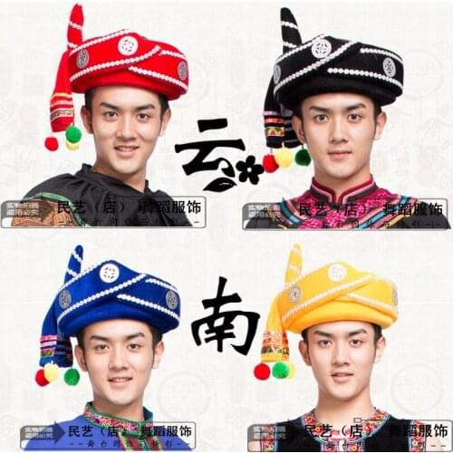 New style of ethnic minority single hat male Yi Dai Miao wa Zhuang male hat ethnic dance headdress Chinese unique stage