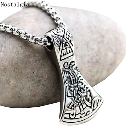 Viking Axe Pendant Necklaces Mammen Goth Male Scandinavian Vikings Thor Odin Loki Asgard Hammer Mjolnir Stainless Steel Jewelry