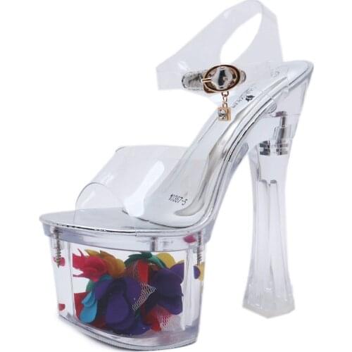 Walking Show Stripper Super Heels Clear Shoes Woman Platforms High Heels Sandals Women Sexy Big Yard Fish Mouth Crystal Shoes