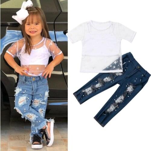 Pudcoco 1-6Y Kids Girls 1-6Y Fashion Clothes Sets Outfits Short Sleeve Mesh T-shirt & Tank Tops+ Denim Pants holiday