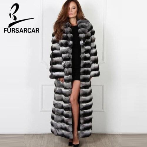 FURSARCAR Fashion Women/men Natural Rex Rabbit Real Fur Coat 130cm X-Long Luxury Winter Fur Coat Rex Rabbit Fur Collar Jacket