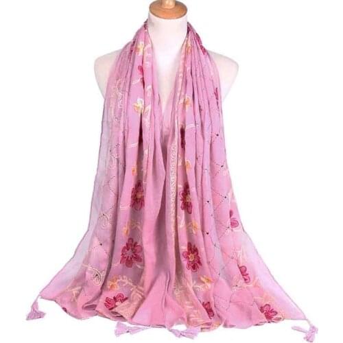 Embroider Scarf Diamond Floral Hijab Shawls Muslim Cotton Stone Pashmina Wraps Headband Fashion Long Scarves 180*90cm 1PC Retail