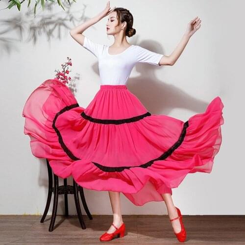 Spanish Flamenco Skirt Women Girls Dance Bullfighti Gypsy Chiffon Belly Striped Big Wing Dress Dancing Performance Stage Skirts