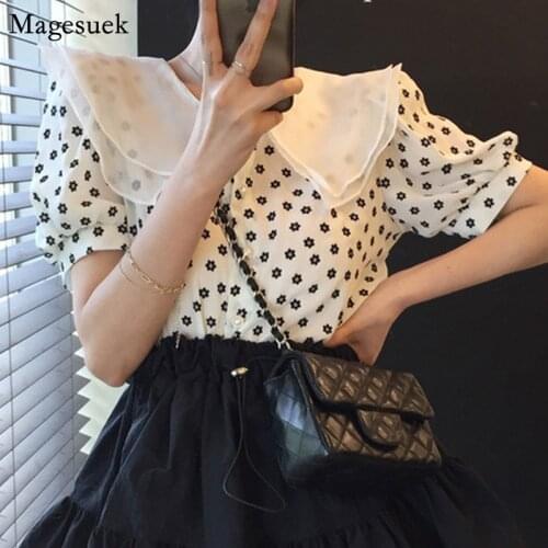 Chic Sweet Turn-down Collar Floral Women Blouses Summer Short Sleeve Elegant Female Shirt Office Lady Tops Fashion Clothes 14521
