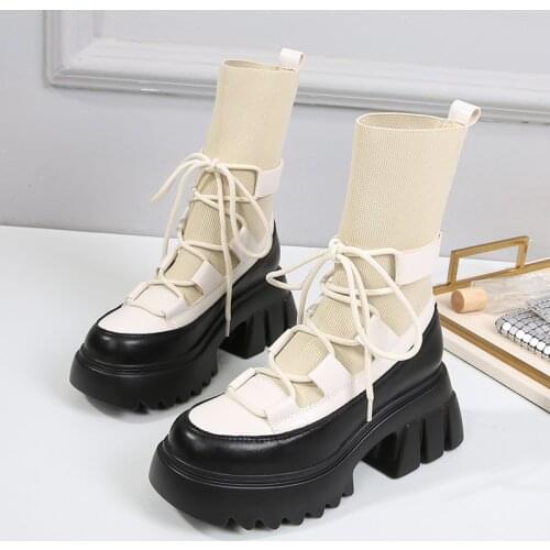 Boots Woman 2021 New Ladies Casual Stretch Fabric Socks Boots Fashion Cross-tied Women Shoes Platform Boots Gothic Women