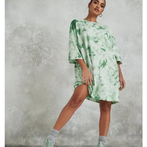 Women Fashion Casual Tie-Dye Loose Print Short Sleeve T-Shirt Dress Round Neck Tee Top Ladies T-Shirts Clothes Street Wear