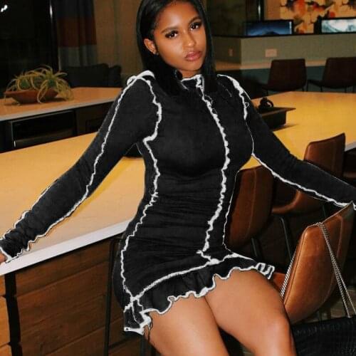 Women Autumn Long Sleeve Patchwork Skinny Slim Fall Clothes O Neck Package Hip Mini Short Dress 2021 Pleated Vestido De Mujer