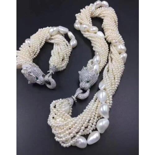 10rows white freshwater pearl near round 3-5mm necklace 19inch bracelet leopard clasp wholesale nature beads FPPJ