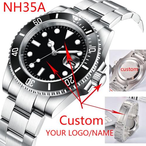 DIY Custom Logo 40MM Sapphire NH35 8215Automatic Mechanical Mens WristWatch Sterile Dial Ceramic 10Bar Luminous Sport Male Clock
