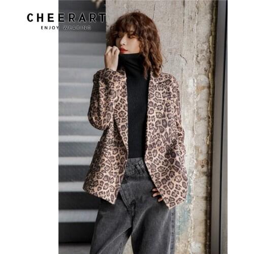 CHEERART Leopard Print Double Breasted Blazer Brown Quilted Ladies Coats And Jackets Women Fashion Autumn Blazer