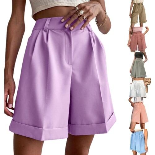 Women Straight-leg Shorts Solid High Waist Loose Pants with Pockets Trouser Cuffed Slacks Shorts Zipper Button Casual Pants