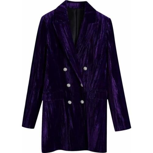 Elegant Women Solid Blue Velvet Blazer 2021 Fashion Ladies Diamond Double Breasted Jacket Streetwear Female Pocket Loose Coat