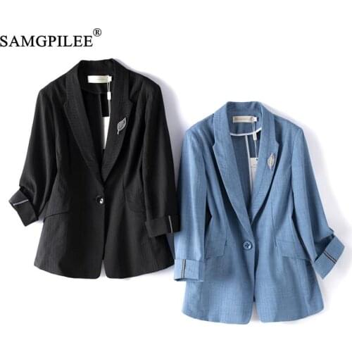Summer Jackets For Women 2021 New Korean Style Nylon Cotton Female One Button Three Quarter Sleeve Thin Plus Size Suit Female