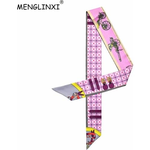 MENGLINXI 2020 Horse Print Scarf Women Small Silk Scarf Striped Headwear Luxury Brand Handle Bag Ribbon Long Scarves