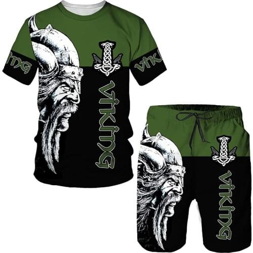 2021 Summer Viking 3d Printed Mens T-shirt + Shorts Suit Mens Sportswear Sportswear O-neck Casual Short-sleeved Boy Suit