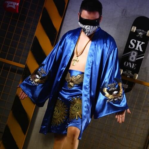 Men Boxing Suit Nightclub Bar Singer DJ MC Stage Costume Girdle Blue Robe Longue GOGO Performance Outfit Hip Hop Costume 1920