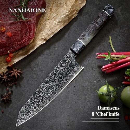 Chef Knife with NEW Design Carbon Fiber Fluorescence Resin Octagonal Handle NANHAIONE Damascus Steel Japanese Kiritsuke