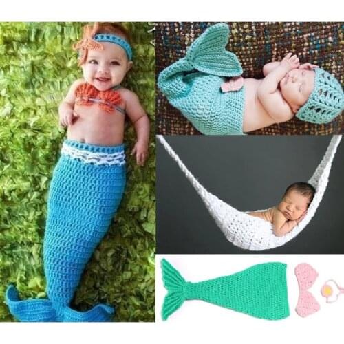 Bikini Newborn Clothes Mermaid Birthday Photo Costumes Baby Receiving Blankets Crochet Girl Sleeping Bag Sack Swaddling Hairband