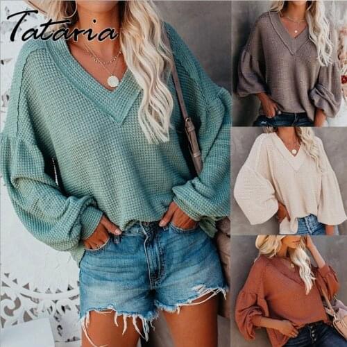 2021 Autumn Vintage Pullovers Knitted Tops Women Spliced V Neck Lantern Sleeve Loose Casual Sweater Purple Simple Female Top