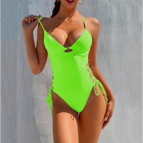 Sexy Womens Bikini Set Green Hollow Drawstring Adjustable Swimsuit One-piece Swimsuit Push Up Padded Swimsuit Surf BeachWear