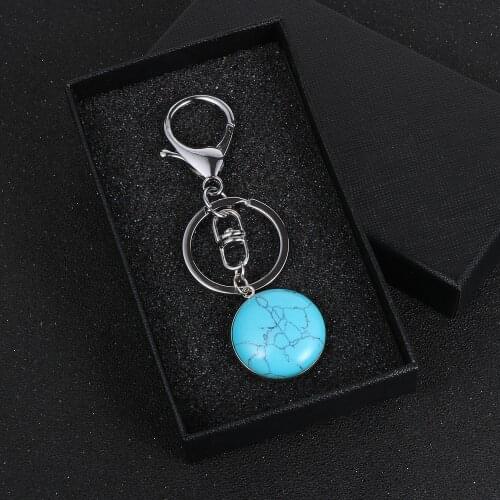 Natural Stone Pendant Keychains For Women Men 25mm Round Statement Turquoises Moonstone Key Chain Ring Holder
