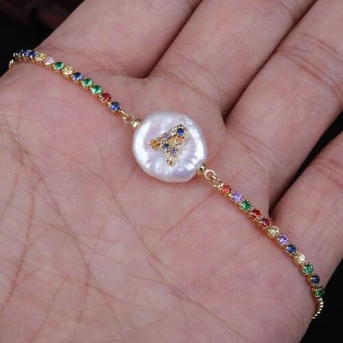 Rainbow Colors Cz Cubic Zirconia Initial ABC Alphabet Letter Name Natural Freshwater Pearl Gold Rainbow BraceletS For Women Girl