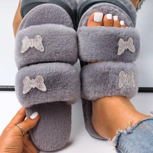 Fur Slides Women Fluffy Flip Flops Cute Ladies Butterfly Plush Home Slippers Faux Fur Sandals Flats Warm Slippers Casual Shoes