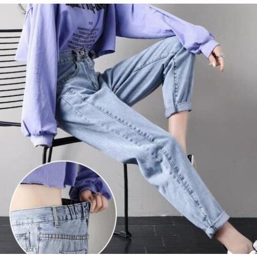 Blue pants Cotton Straight Jeans Woman Elasticity High Waist Jeans woman plus size mom jeans blue New Loose harem pants hot sale