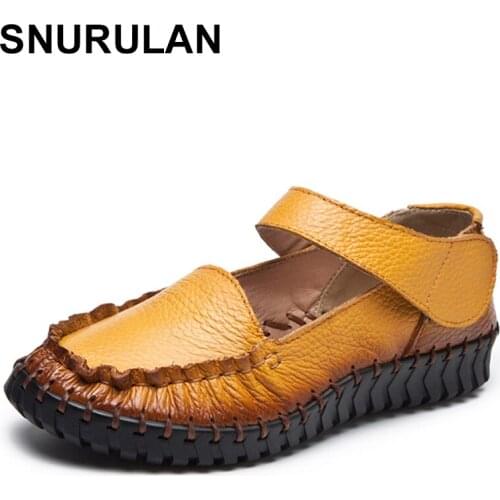 SNURULANWoman Genuine Leather Round Toe Pleated Casual Flat Shoes Women Shoes 2020 New Fashion Women Moccasin Big Size 43