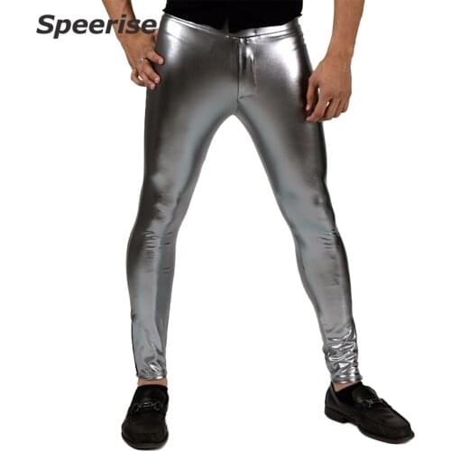 Speerise Spandex Shiny Leggings Wetlook Halloween Costumes For Men Metallic Tights Cosplay Dancer Disco Pencil Pants Adult Slim