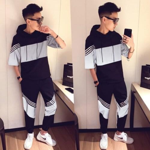Sportswear Spring Hoodies Short Sleeve Set Men Tracksuit Patchwork Hip Hop Sweatshirt+pant Male Casual 2 Pieces Track Suit