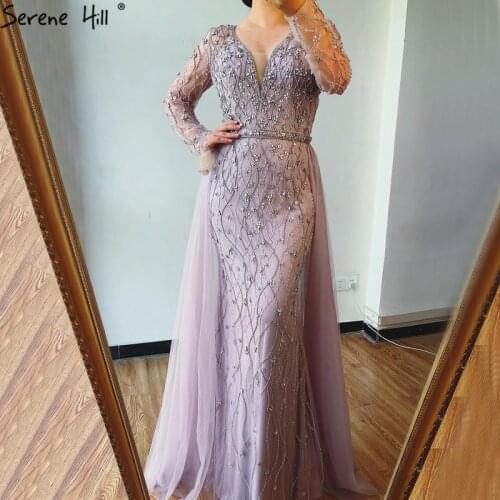 Light Purple Long Sleeves Luxury Evening Dresses 2020 Dubai V-Neck Diamond Mermaid Beading Formal Dress Serene Hill DLA70341