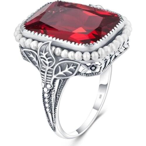 Szjinao Women Silver 925 Ring Genuine 925 Sterling Silver Gemstones Vintage Rings Ruby With Fresh Water Pearl Christmas Jewelry