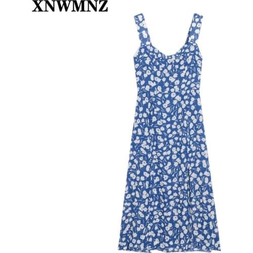 XNWMNZ women Holiday Blue Floral Print Tank midi Dress printed Vintage Chiffon Split dress Back Elastic vestidos Bodycon Womens