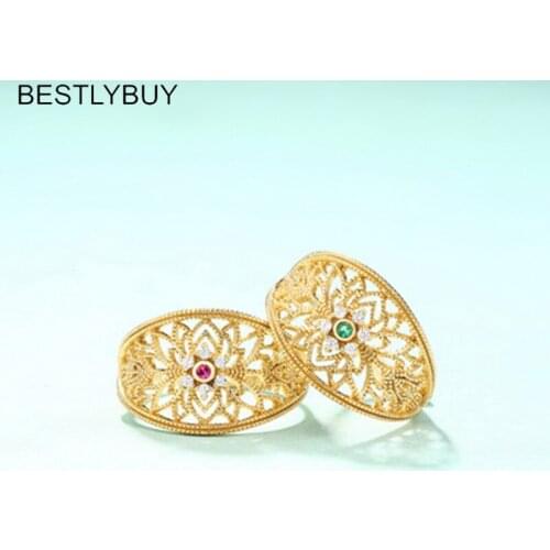 BESTLYBUY Authentic 925 Sterling Silver Jewelry Gold Color Retro Hollow Lace Open Rings for Women Gifts bague femme argent 925