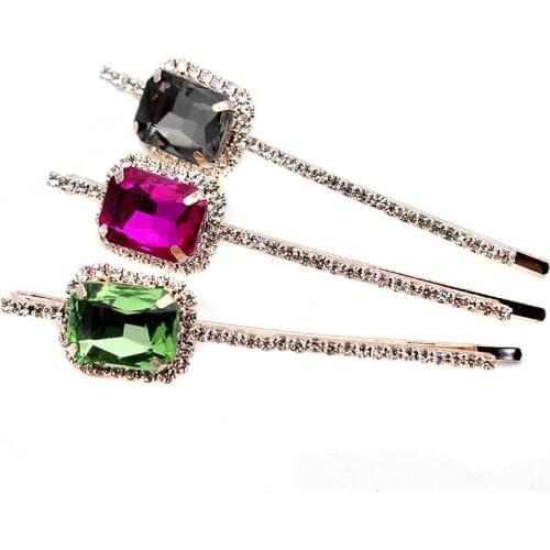 1 Pair Luxury Sparkly Hot Pink Gray Green Crystal Hair Barrette Clip Square Rhinestone Hairgrips For Girls Women Fashion Jewelry
