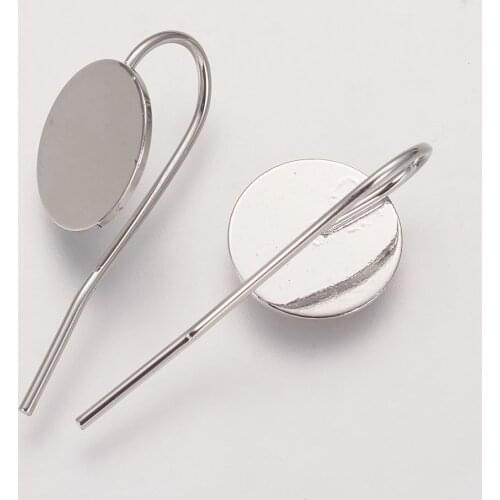 Jewelry Findings Platinum Plated Brass Earring Hooks fit Cameo Cabochons, 24x10x0.5mm, Round Tray: 10mm, Pin: 0.5mm