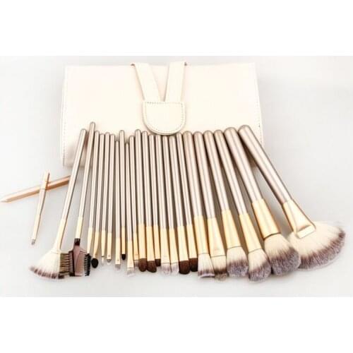 Champagne color wooden handle synthetic hair aluminum collar 24pcs makeup brush set professional PU bag