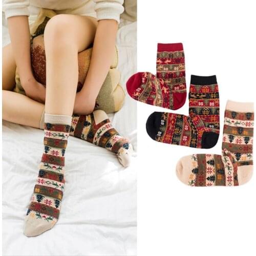 3 Pairs Women Christmas Ethnic Crew Socks Elk Snowflake Stripes Print Hosiery Y1AC