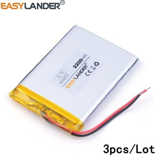 3pcs /Lot 2200mAH 655070 3.7v lithium Li ion polymer rechargeable battery for dvr GPS mp3 mp4 cell phone andorid phone toys