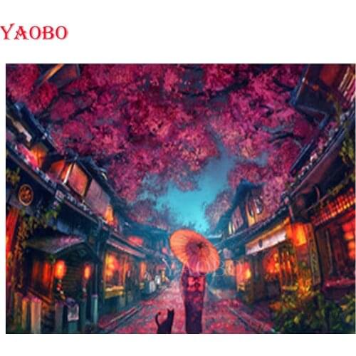 DIY Needlework 5D Diamond Painting cartoon girl cherry blossom Cross Stitch Full Drill Mosaic Diamond Embroidery mosaic scenery