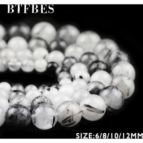 BTFBES Natural Black Rutilated Quartz crystal beads 6 8 10 12mm Round Stone Loose beads for Jewelry Bracelet Necklace Making DIY